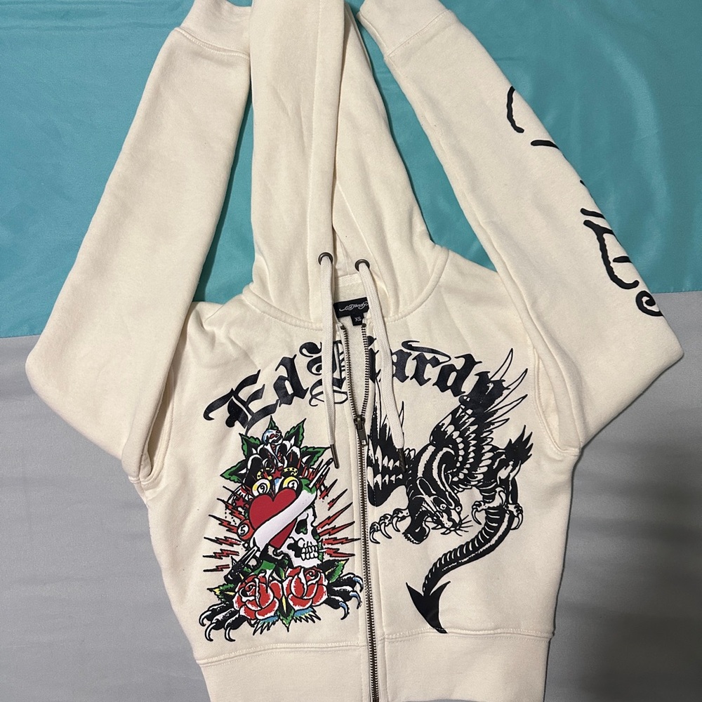 Ed Hardy Off-White Hoodie with Heart and Dragon Design